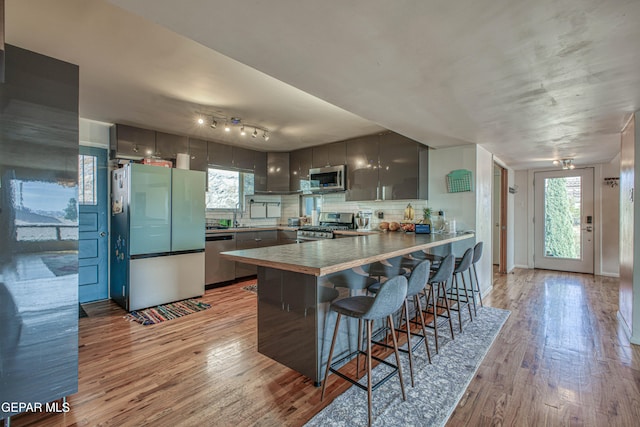 kitchen with a kitchen breakfast bar, light wood-type flooring, plenty of natural light, kitchen peninsula, and stainless steel appliances