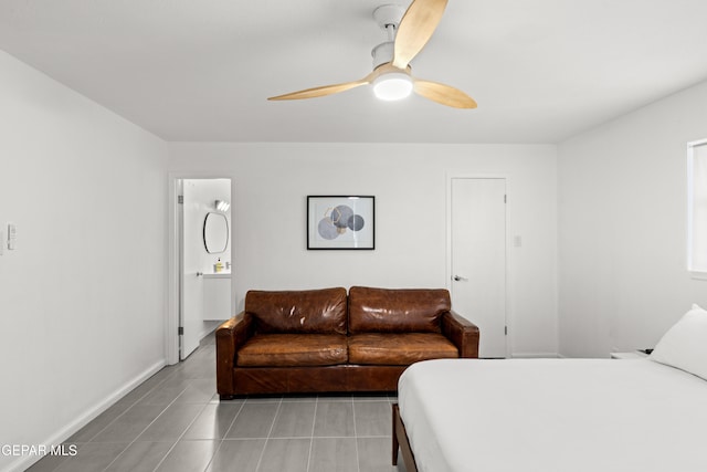 tiled bedroom with ceiling fan