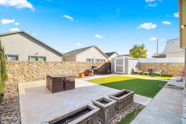 view of yard with a patio area and a storage shed