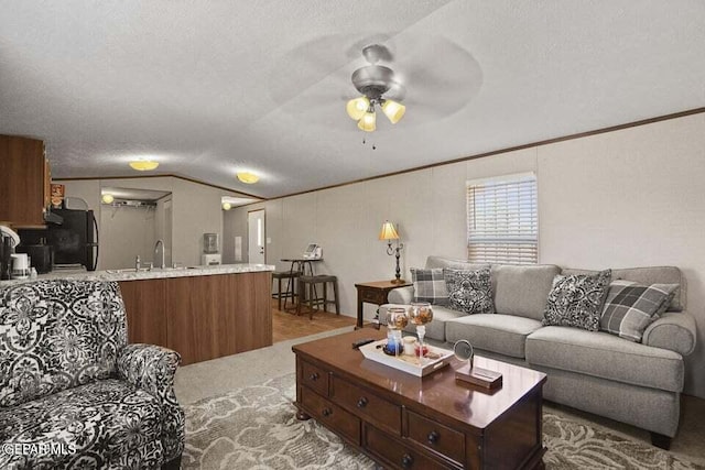 carpeted living room featuring a textured ceiling, ceiling fan, lofted ceiling, and sink