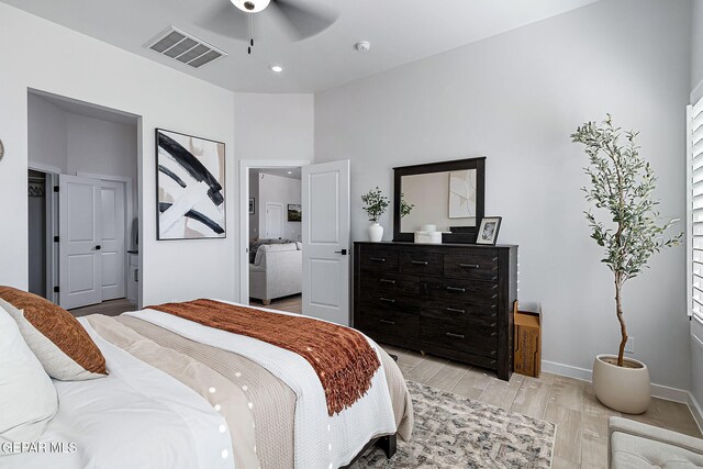 15224 Gauge Ct, El Paso, TX 79938 - bedroom with light wood-style flooring, baseboards, ceiling fan, and recessed lighting
