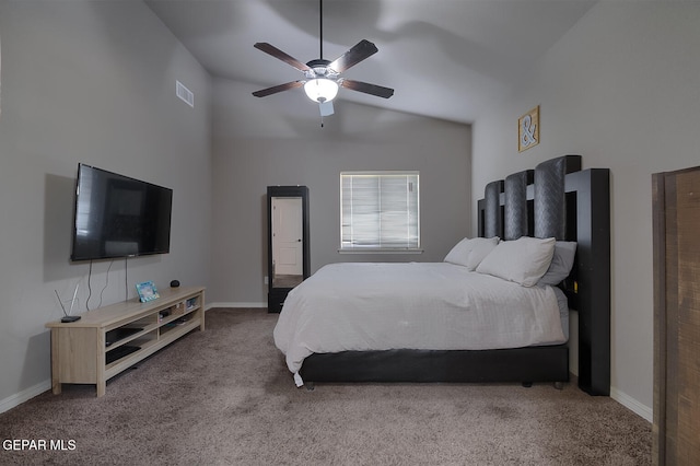 bedroom featuring ceiling fan, carpet floors, and vaulted ceiling