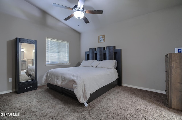 carpeted bedroom featuring ceiling fan and lofted ceiling