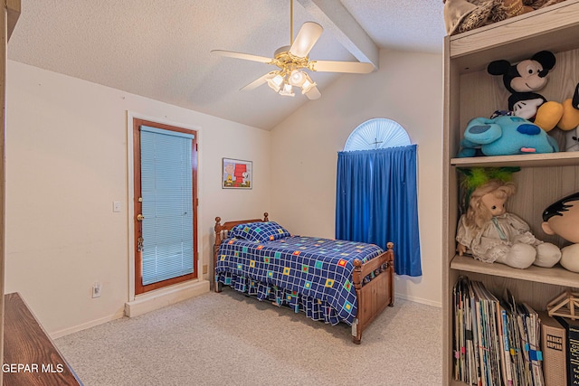 bedroom with light carpet, a textured ceiling, vaulted ceiling, and ceiling fan