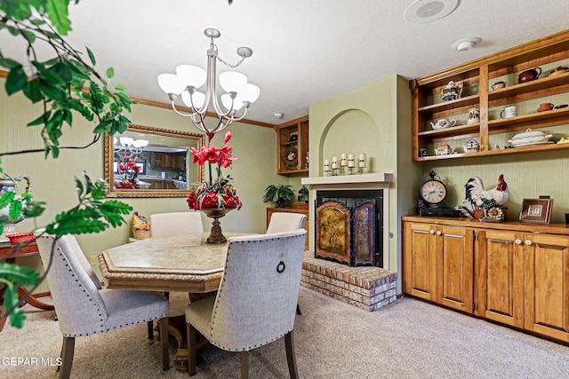 dining room featuring a notable chandelier, crown molding, light colored carpet, a textured ceiling, and a fireplace