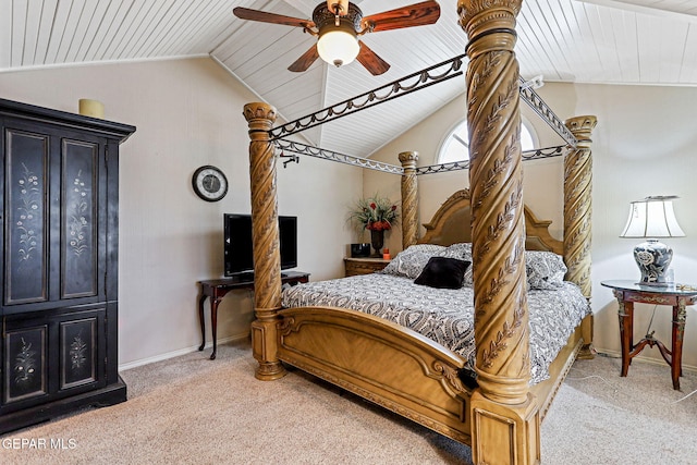 bedroom with ceiling fan, carpet, wood ceiling, and lofted ceiling