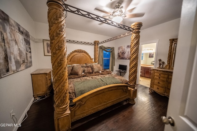 bedroom with ensuite bathroom, ceiling fan, and wood-type flooring