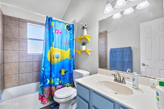 full bathroom featuring toilet, shower / bath combination with curtain, vanity, and vaulted ceiling