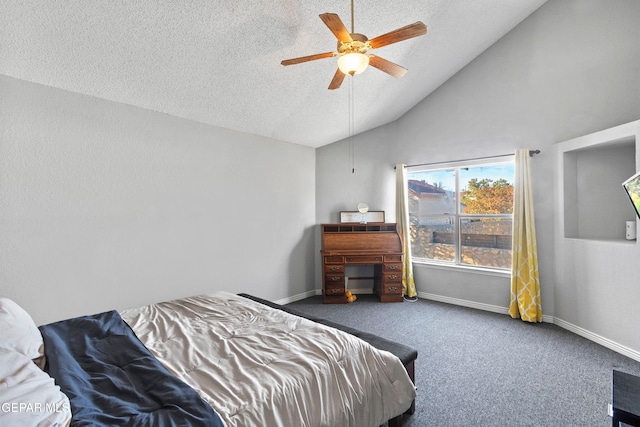 carpeted bedroom with ceiling fan, high vaulted ceiling, and a textured ceiling