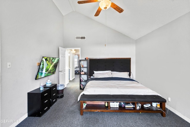 bedroom featuring ceiling fan, dark carpet, and high vaulted ceiling