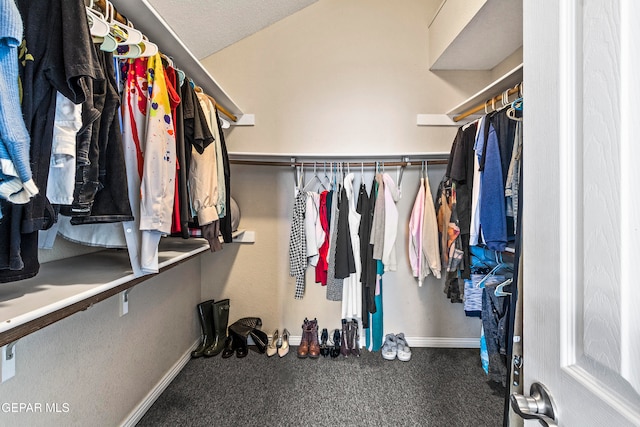 walk in closet featuring carpet flooring