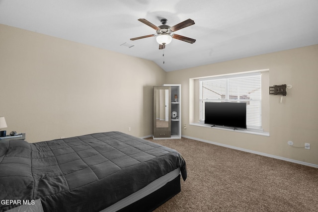 carpeted bedroom featuring ceiling fan and lofted ceiling