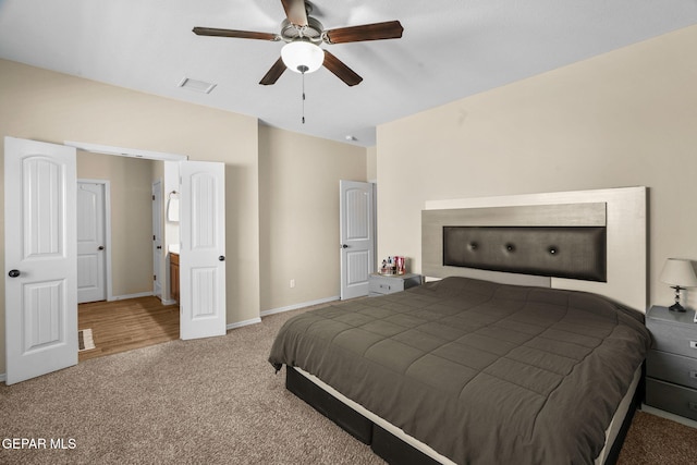 carpeted bedroom featuring ceiling fan