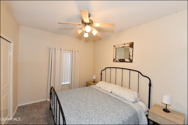 carpeted bedroom featuring ceiling fan