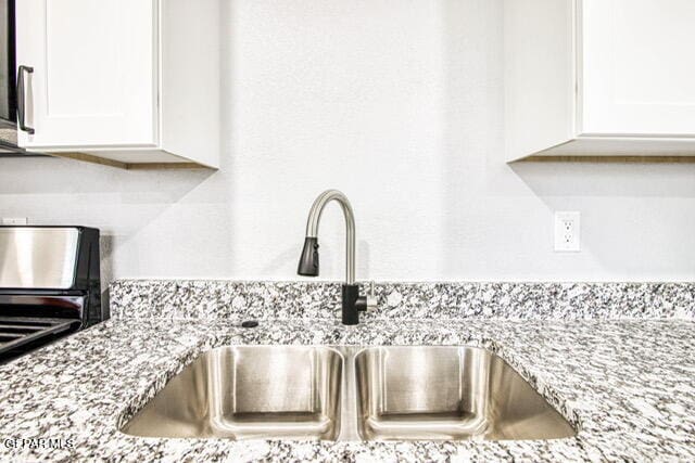 details with light stone countertops, white cabinetry, and sink