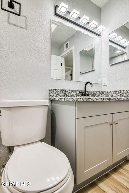 bathroom featuring vanity, wood-type flooring, and toilet