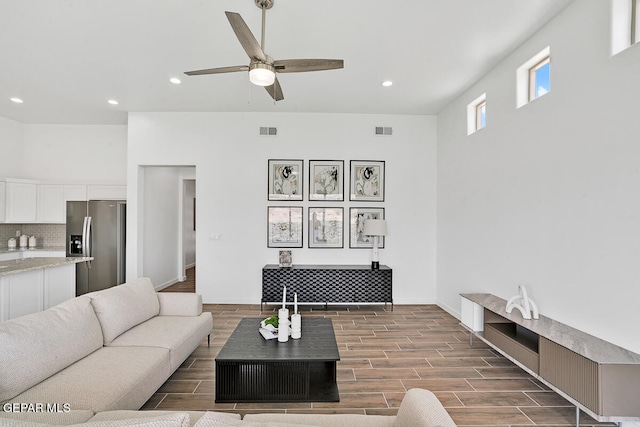 living room with ceiling fan