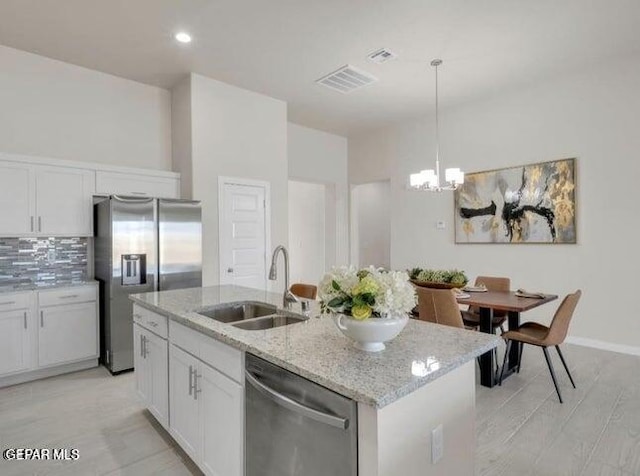 kitchen with white cabinetry, sink, hanging light fixtures, a center island with sink, and appliances with stainless steel finishes