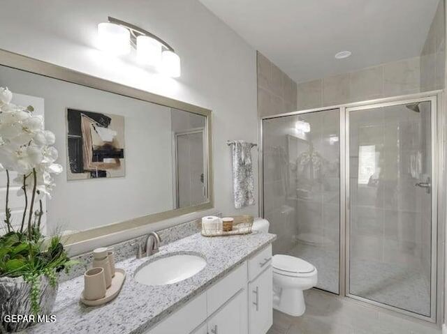 bathroom with vanity, toilet, and an enclosed shower