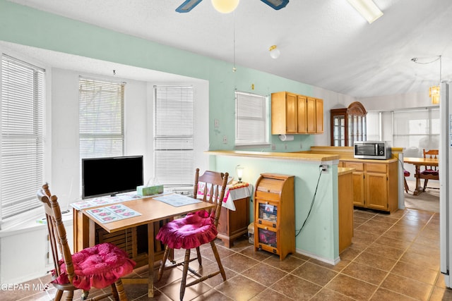 kitchen with vaulted ceiling, ceiling fan, dark tile patterned floors, a textured ceiling, and kitchen peninsula