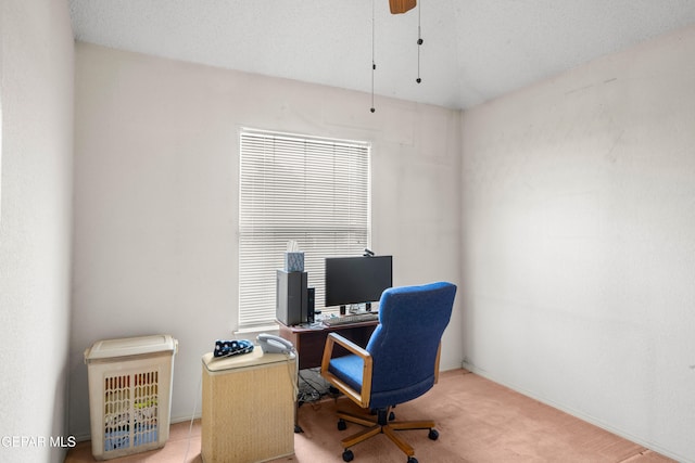 carpeted office space with ceiling fan and a textured ceiling