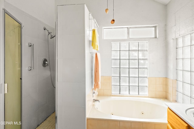 bathroom featuring shower with separate bathtub, vanity, and a wealth of natural light