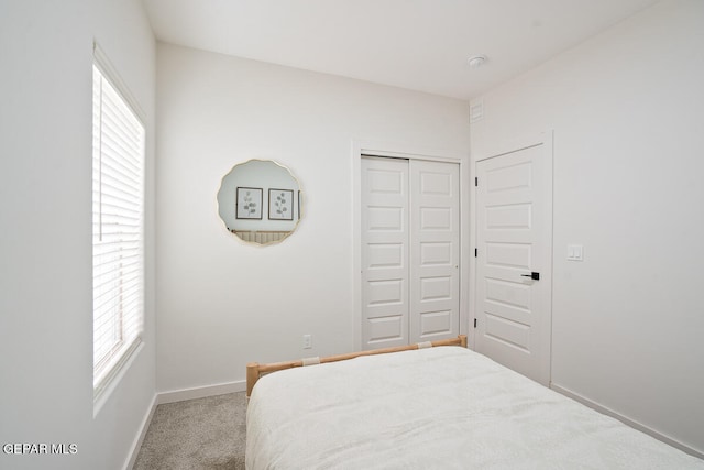 carpeted bedroom with multiple windows and a closet