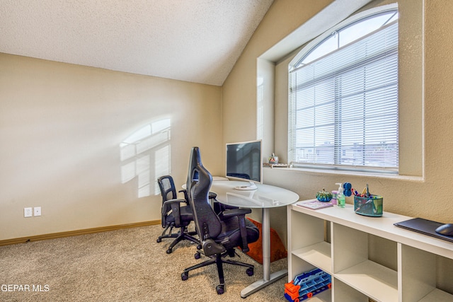 office space with a textured ceiling, carpet floors, and lofted ceiling