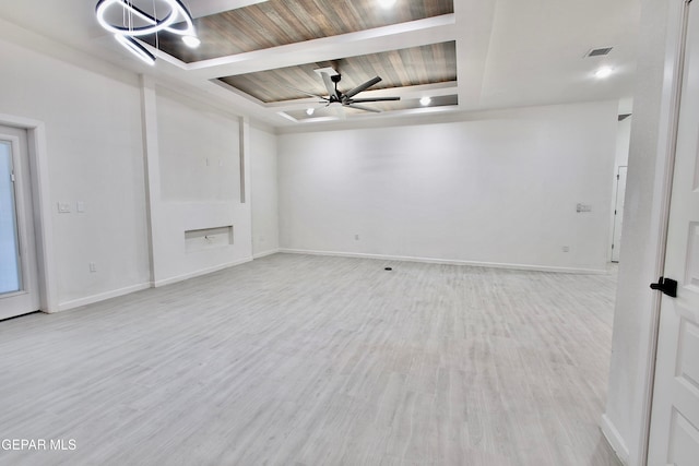 spare room with light hardwood / wood-style floors, a raised ceiling, ceiling fan, and wooden ceiling