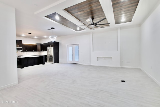 living room featuring light hardwood / wood-style floors, ceiling fan, and wooden ceiling