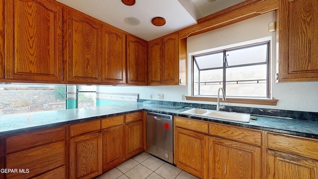 kitchen with sink, light tile patterned floors, and stainless steel dishwasher