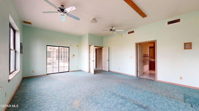 unfurnished room with light colored carpet, a wealth of natural light, and ceiling fan