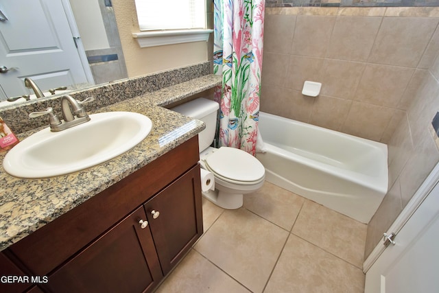 full bathroom featuring tile patterned flooring, vanity, shower / bath combo, and toilet