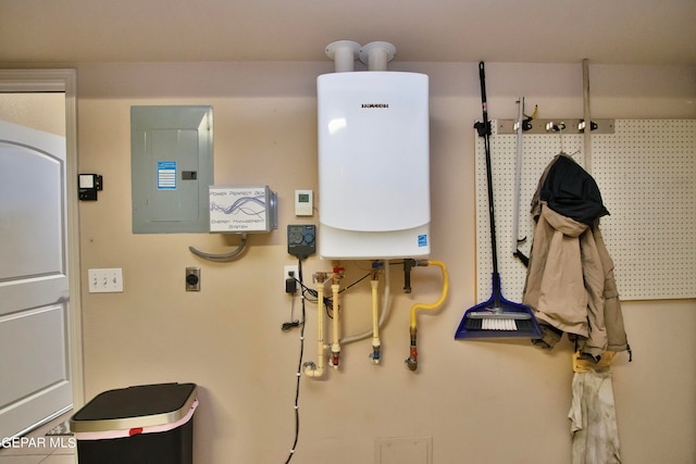 utility room with electric panel and tankless water heater