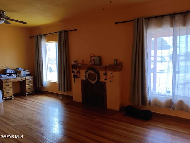 office space featuring ceiling fan and hardwood / wood-style flooring