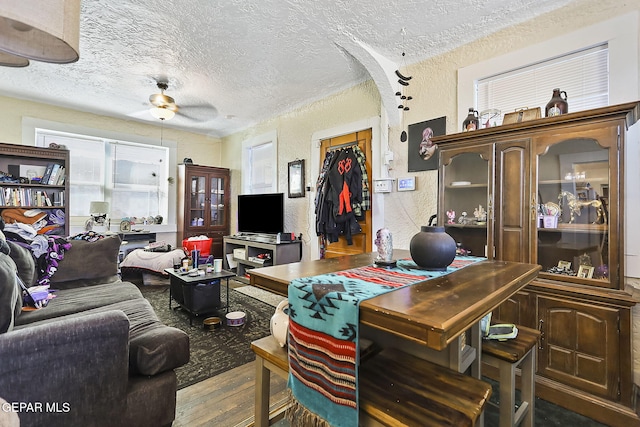 living room with ceiling fan, wood-type flooring, and a textured ceiling