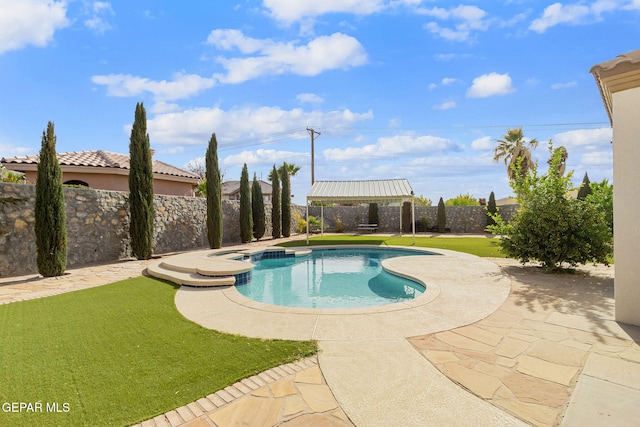 view of pool featuring a gazebo, a patio area, and a lawn