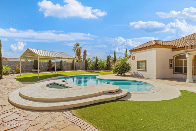 view of swimming pool with a gazebo, a patio area, and an in ground hot tub