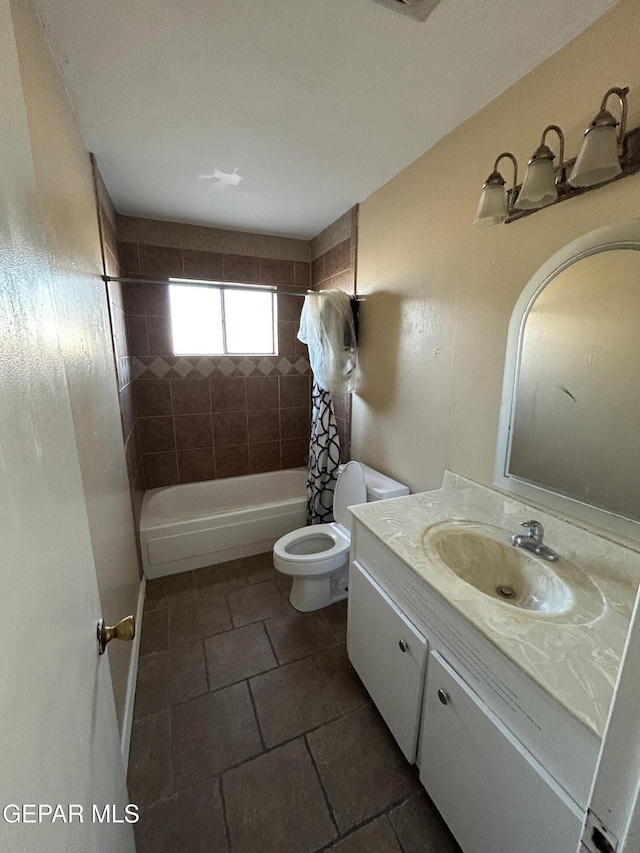 full bathroom with vanity, toilet, and shower / bathtub combination with curtain