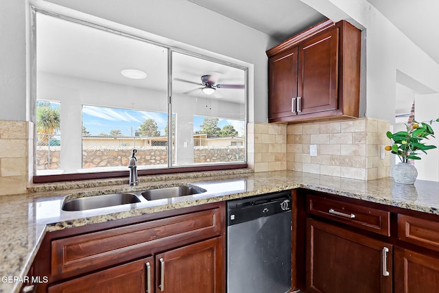 kitchen featuring light stone countertops, backsplash, stainless steel dishwasher, ceiling fan, and sink