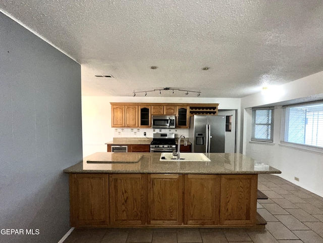 kitchen with stainless steel appliances, rail lighting, sink, and a textured ceiling