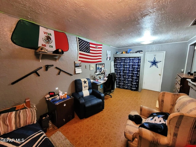 living room featuring a textured ceiling