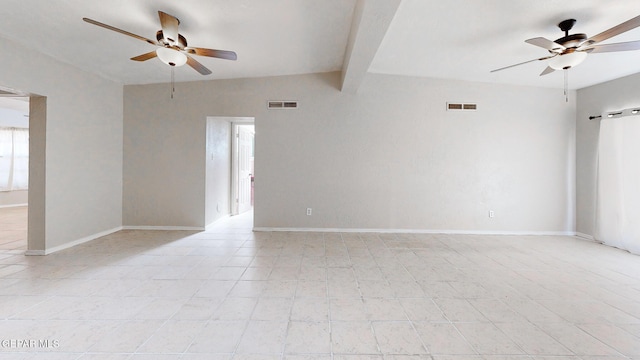 empty room with vaulted ceiling with beams and ceiling fan