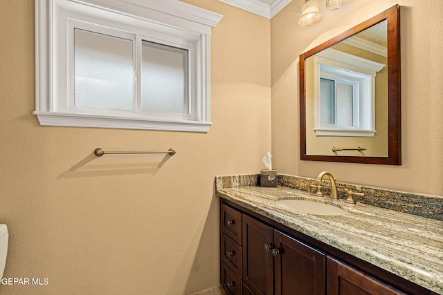 bathroom featuring ornamental molding and vanity