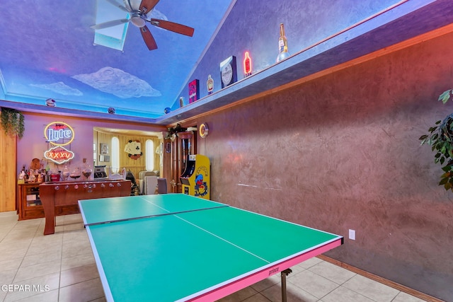 11179 Leo Collins Dr, El Paso, TX 79936 - rec room with ceiling fan, lofted ceiling, and tile patterned flooring