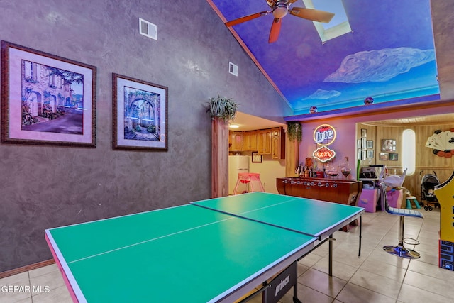 11179 Leo Collins Dr, El Paso, TX 79936 - game room with tile patterned floors, high vaulted ceiling, and a ceiling fan