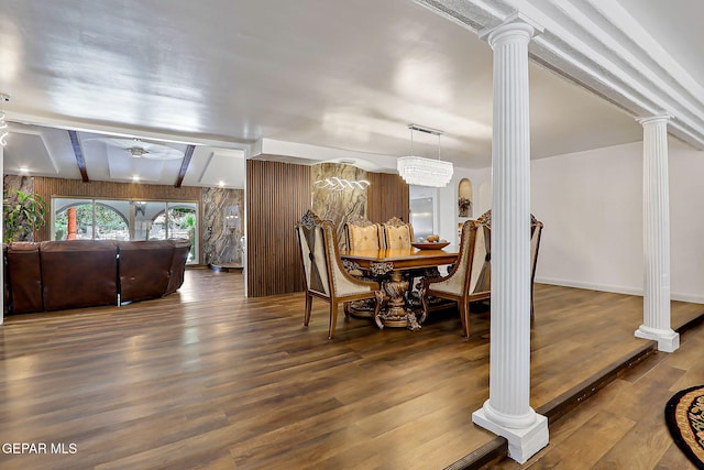 11179 Leo Collins Dr, El Paso, TX 79936 - dining room featuring decorative columns, wood finished floors, ceiling fan, and beam ceiling