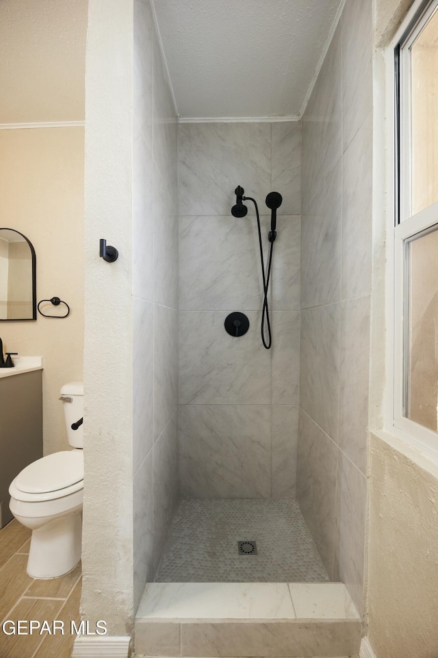 bathroom featuring a tile shower, vanity, and toilet