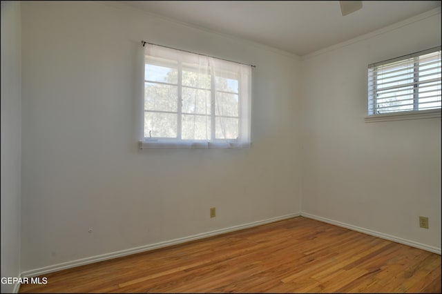 spare room with crown molding and light wood-type flooring