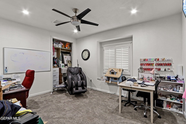 home office with carpet and ceiling fan